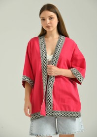 Resim VOLT CLOTHİNG Kadın Kısa Kol Nakış Işlemeli Keten Kimono 