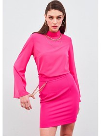 Resim Sateen Zincir Aksesuarlı Mini Etek - Fuşya 