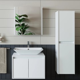 Resim RoomArt Lavabolu Mat Beyaz Mdf 65cm Banyo Dolabı + Aynalı Banyo Üst Dolabı + Banyo Boy Dolabı 