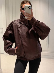 Resim MANMARK Viral Oversize Kadın Deri Ceket Yüksek Yaka Bordo Urban Style Kadın Deri Ceket 