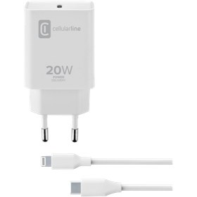 Resim Cellularline iPhone Şarj Kiti USB-C / Lightning (Kablo + Type - C Adaptör) PD 20 W Beyaz 