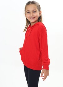 Resim Toontoy Kırmızı Kız Çocuk Kapüşonlu Fermuarlı Cepli Düşük Omuz Örme Hırka - 2 İplik 