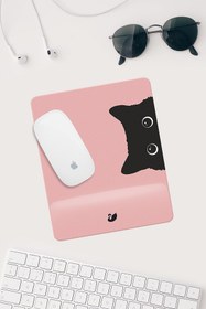 Resim Pembe Kedi Çizimli Bilek Destekli Dikdörtgen Mouse Pad 