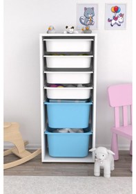 Resim Sepetli Oyuncak Dolabı Mavi Beyaz 2 Büyük 4 Küçük Beyaz - Mavi 