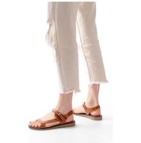 Resim 205-090 Taba Hakiki Deri Tokalı Kadın Sandalet Altın - Taba 