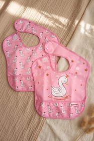 Resim DYZSTAR 2'li Bebek Mama Önlüğü Seti Pembe Kuğu Desenli Sıvı Geçirmez Kırıntı Cepli Kolay Temizlenir 