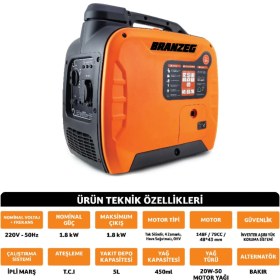Resim Branzeg Taşınabilir Profesyonel Sessiz Jeneratör 1.8kw 220V-50Hz 5l Yakıt Haznesi 