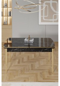 Resim Canisa Rada Serisi 80x132 Açılabilir Lak Panel Siyah Mermer Desen Masa 6 Cappucino Sandalye Gold Detay Masa Siyah Mermer Sandalye Capppucino Gold Ayak 