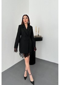 Resim Cemo Kadın Kruvaze Yaka Dantel Detaylı Blazer Elbise Siyah 