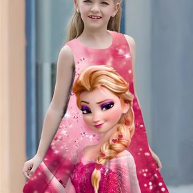 Resim Kızlar için Pembe Parıltılı Kraliçe Desenli, Gradyan Etekli, Jersey Malzeme, Bahar/Yaz/Sonbahar için Mükemmel, Rahat Stil, Normal Beden, Dolgu Yok, Canlı Karikatür Tasarımı, Sevimli Elbise - Elsa İlhamlı 3D Baskılı Kolsuz A-Line Elbise 