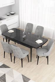 Resim Canisa Taç Serisi Açılabilir Mutfak Masası Takımı 80x132 Siyah Mermer Desen Masa 6 Gri Sandalye 