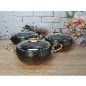 Resim Oms Granit Güveç Set 3lü Granit Mini Tencere Takımı Cam Kapaklı Bakır Renk Siyah 
