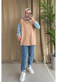 Resim Ka Hijab Kolları Kot Detaylı Triko Hırka - Camel Camel 