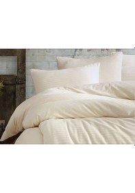 Resim Bej Çizgili Lastikli Çarşaflı Çift Kişilik Nevresim Takımı Bej 