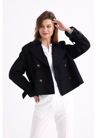 Resim Pastelastore %100 Pamuk Gabardin Astarlı Oversize Geniş Kalıp Kadın Crop Kısa Trençkot 1122 Siyah 