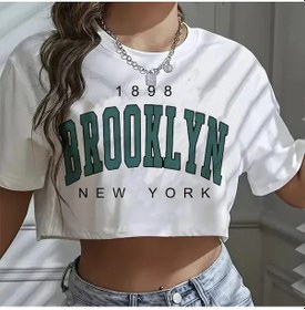 Resim Gulushuige Y2k Kadın Kırpılmış T-shirt - Los Angeles 91 Brooklyn Grafikli Rahat Spor Gömlekmavi Mavi 