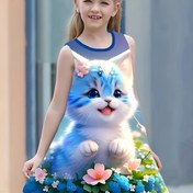 Resim Kızlar İçin Kolsuz Yazlık Elbise - Sevimli Mavi Kedi ve Çiçek Desenli A Kesim Günlük Oyun Giyimi, Çocukların Dış Mekan Kıyafeti, Rahat Çocuk Giysisi, Sadece Elde Yıkama 