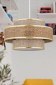 Resim Bohhem Otantik Trio Metal Kasalı Hasır Kaplama ve Bej Kumaş Salon Avize Üç Katlı Pasta Yatak Odası Sarkıt Bej 30 x 17 