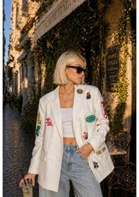 Resim Patch Detaylı Oversize Blazer Ceket Beyaz Çift Düğmeli Street Style - Beyaz - L - St01125-beyaz-l 