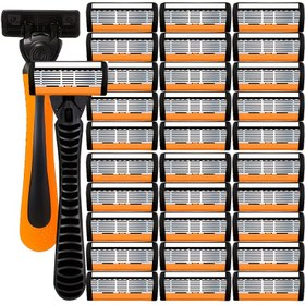 Resim Premium Erkek Tıraş Seti - Keskin 6 Katmanlı Paslanmaz Çelik Bıçak, Sarı Sap ve Yedek Bıçaklar, Şık ve Seyahat Dostu, Sakal, Bıyık, Koltuk Altı & Bacak Tüyü Düzeltme için Pürüzsüz Tıraş, Günlük Bakım Aracı 