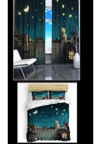 Resim Gece Çift Kişilik 4 Parça Nevresim Takımı Ve 2 Adet Fon Perde 