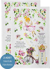 Resim 2li Paket Baskılı Beyaz Mutfak Havlusu Modeli Bisikletli Kız 