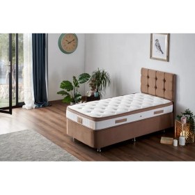 Resim Niron Latte Yatak Seti 90x200 cm Tek Kişilik Yatak Baza Başlık - Sert Yatak, Kumaş Baza ve Başlık Takımı 