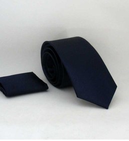 Resim Gaffy Lacivert Slim Fit İnce Düz Renk Mendilli Saten Kravat - SS-24 Lacivert 