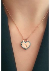 Resim Kalp Kilit Figürlü Nano Turkuaz Taşlı Gümüş Rose Kolye 