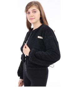 Resim Toontoy Kız Çocuk Kolej Yaka Fermuarlı Düşük Omuz Baskılı Peluş Hırka - Beli Ayarlanabilir Lastikli Siyah 