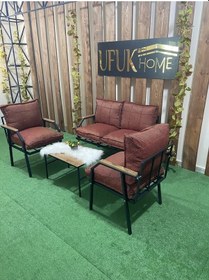 Resim Linda 211 Sehpalı Bahçe Takımı, Balkon,cafe,salon-metal Kanepe Koltuk Takımı- Keten Kumaş Kırmızı 