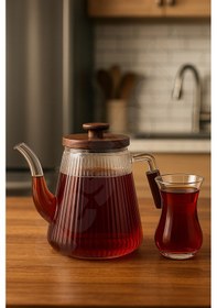 Resim Akasya Kapaklı Ve Saplı Cam Demlik - Isıya Dayanıklı - Cam Demlikli - 3 Parça - 1 Litre Cam 