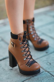 Resim LEYDİ SHOES Katia Platform Bagcık Detaylı Yandan Fermuarlı Taba Bayan Bot 511 