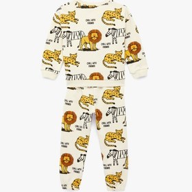 Resim Koton Şardonlu Bisiklet Yaka Uzun Kollu Pamuklu Hayvanlar Baskılı Eşofman Takımı - 2'li Set Ekru 6smb10130tk Ekru 