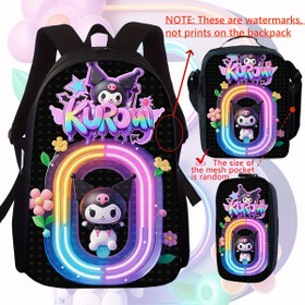 Resim 3 Parça Sevimli Karikatür Mor for kuromi Harf Sırt Çantası Seti 26 Harf "A~Z" Temalı Çiçek Desenli Erkek ve Kadın Moda Baskılı Çanta 3 Parça Set Günlük Yaşam veya Seyahat İçin Mükemmel Seçim, Festivaller için Harika Hediye 