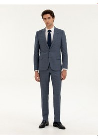 Resim Cacharel Mavi Slim Fit Kareli Takım Elbise 