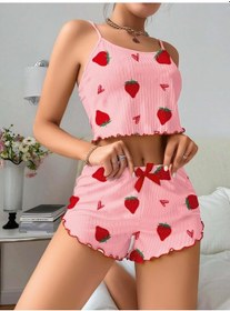 Resim Kadın Pembe Çilek Desenli Şortlu Pijama Takımı 5056 Pembe 