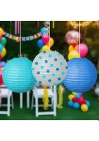 Resim 25 Cm 3'lü Mavi Tonları Japon Feneri Seti Puantiyeli Lacivert Açık Mavi Parti Dekoru Diğer 