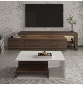 Resim İnarch Dizayn Beliz Led Işıklı Tv Sehpası Ve Vera Orta Sehpa Set - Oturma Odası Modern Takım Beyaz - Ceviz 