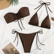 Resim Kadın Seksi Omuz Açık Bikini Seti, Dantelli Detaylı 3 Parça Örme Kumaş Mayo, Polyester %95 Elastan %5, Orta Esneklik, Düz Renk Plaj Tatil Giyim 