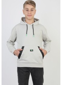 Resim Kapüşonlu Kanguru Cepli 2 İplik Mevsimlik Erkek Çocuk Sweatshirt-90920 Gri 