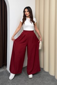 Resim Pileli Arka Beli Lastikli Geniş Paça Filamlı Keten Palazzo Pantolon 8980 - Bordo - Bordo / S 