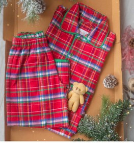 Resim Anna Kiddy Kırmızı Kareli Yeşil Biyeli Kız Bebek Pijama Takımı 