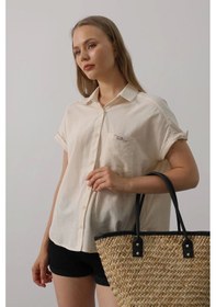 Resim Defymoda Etiket Detaylı Yarım Kol Gömlek - Taş Taş 