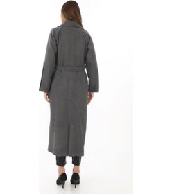 Resim Hazego Uzun Kaşe Kaban Yünlü Dokuma Kaşmir Kumaş, Kruvaze Yaka, Kuşaklı Astarlı Tesettür Uyumlu Şık Kışlık Siyah Model - Füme Füme 