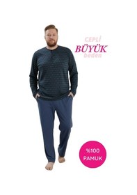 Resim Seamlife Erkek Büyük Beden Bisiklet Yaka 3 Düğmeli Mevsimlik Uzun Kollu Pijama Takımı Lacivert 