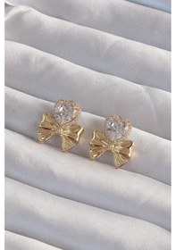Resim Pirinç Gold Renk Zirkon Taşlı Kalp Model Fiyonk Küpe Altın 