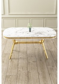 Resim Canisa Olya Serisi 90x168 Lak Panel Beyaz Mermer Desen Masa Takımı Gold Ayaklı 6 Gri Sandalye Masa Beyaz Mermer Gri Sandalye 