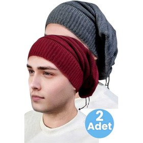 Resim Uniquetrenders 2'li Erkek Kışlık Triko Örgü Bere Ve Boyunluk Füme-bordo 