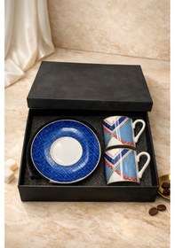 Resim Gönül Collection Porselen Mavi Beyaz Retro 2'li Kahve Fincanı Takımı Şık Türk Kahvesi Fincan Seti-313 Düz 